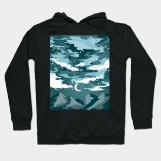 Teal cloudy sky above mountains with a crescent moon Hoodie